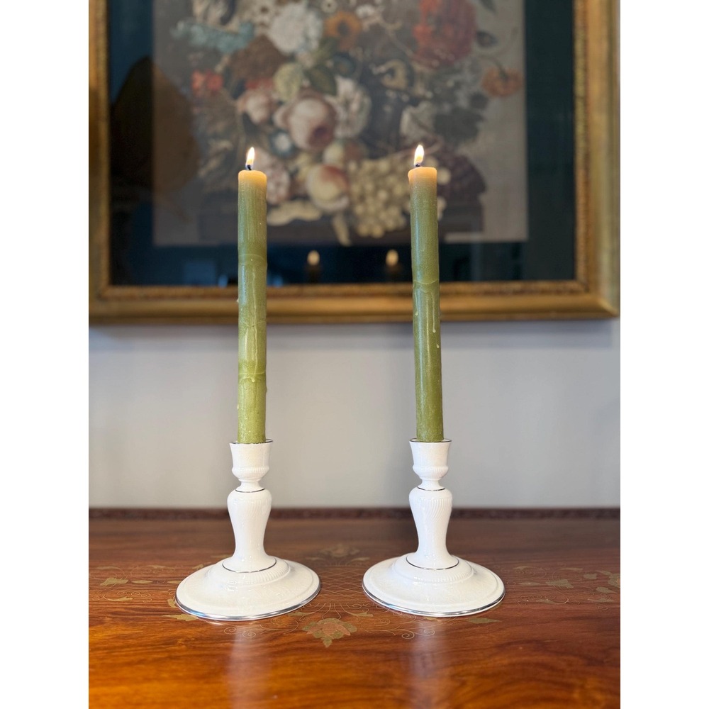 Vintage Minton White Paisley Bone China Candlesticks Pair